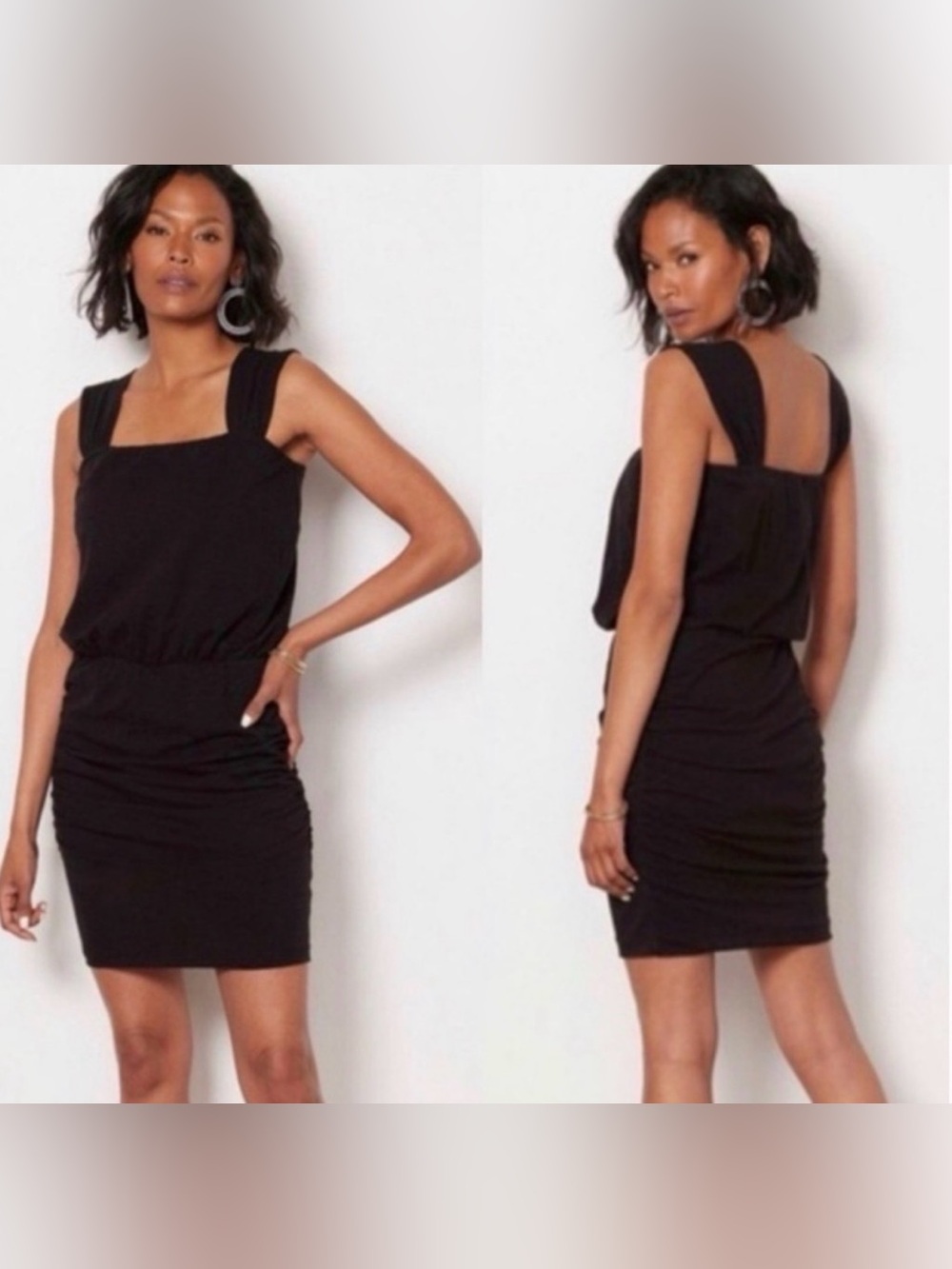 Sundry for Evereve Black Square Neck Sleeveless Dress, Ruched,sz 1 Small 4-6